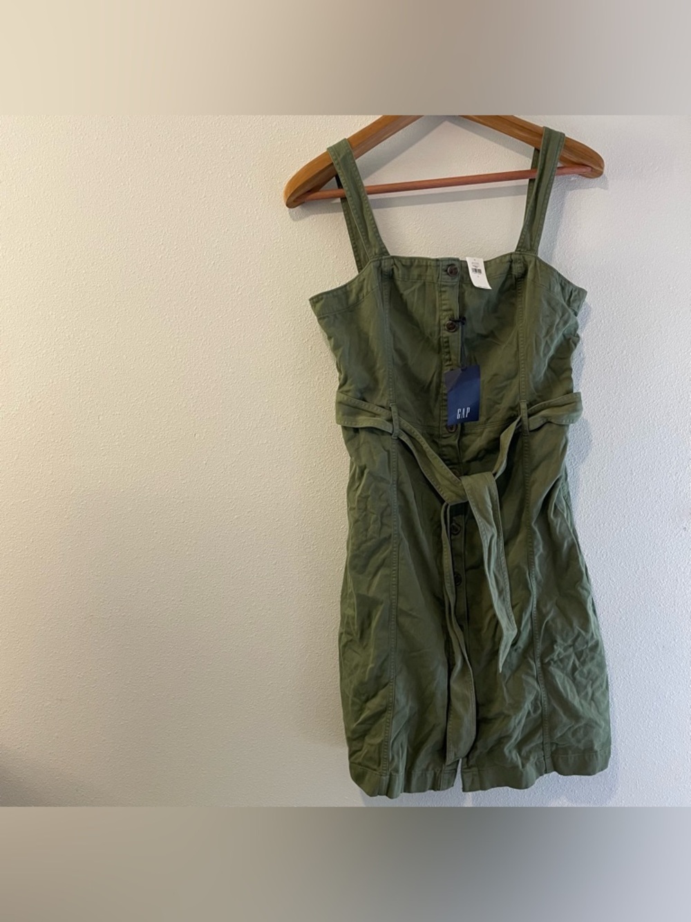 NEW Gap Springs Coquette Cottagecore Olive Green Apron Dress Soft Denim size L